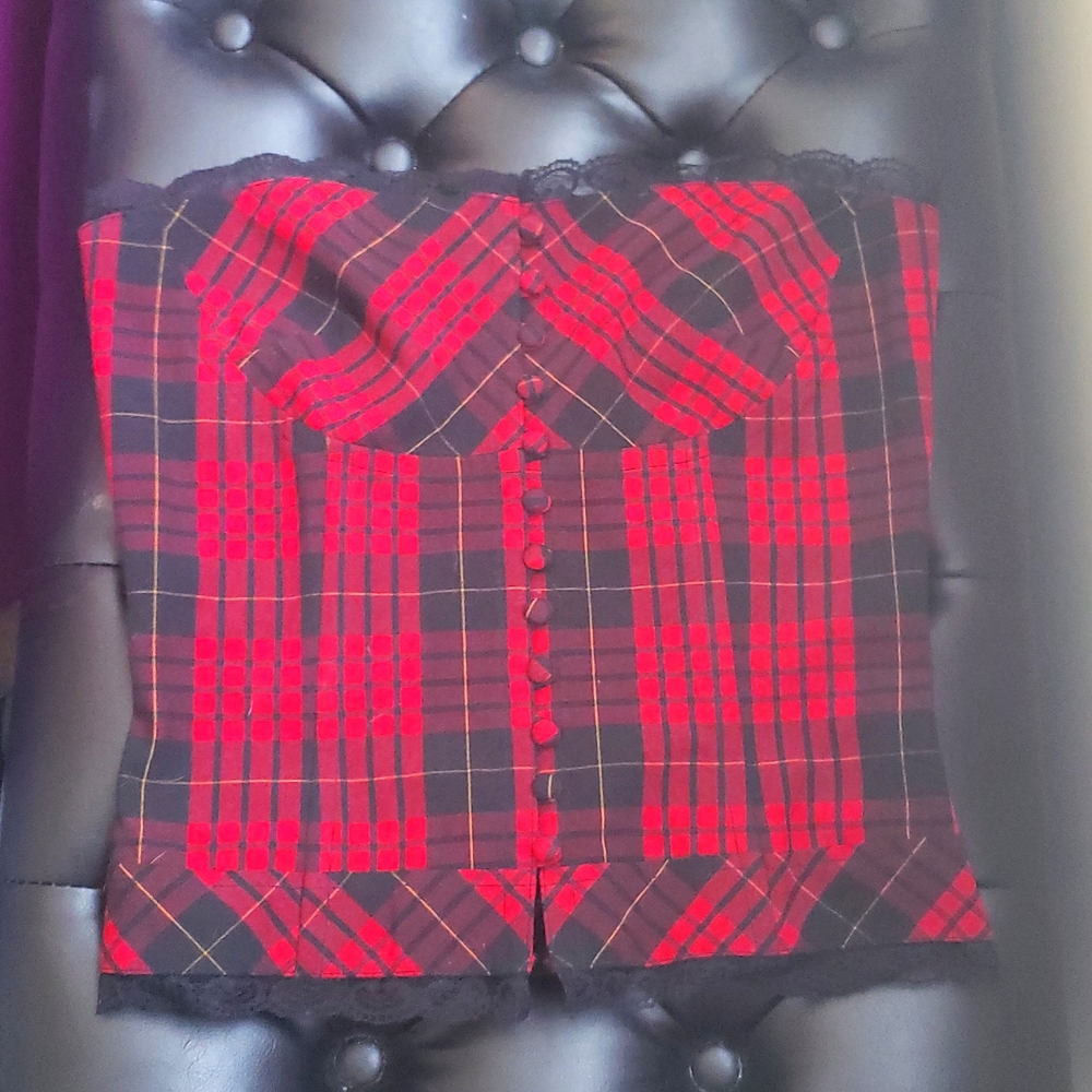 Vintage Y2K STRAPLESS Corset TOP PLAID LACE PUNK GOTH
